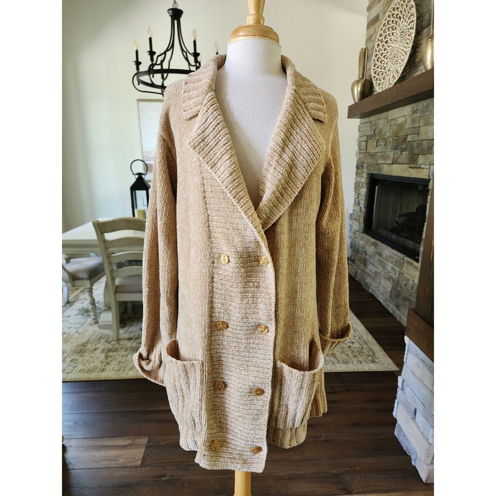 Stitches‎ In Time Vintage Chenille Cardigan Sweater Tan Beige Double Breasted M